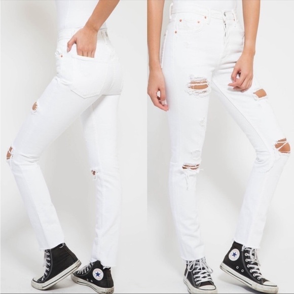 GRLFRND Karolina Distressed High Rise Skinny Jeans White Raw Hem - Picture 1 of 9